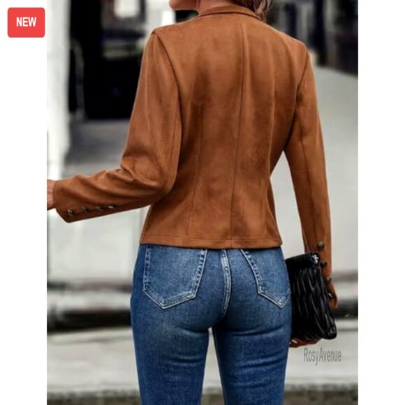 Faux Suede Leather Jacket Cropped Blazer Slim Waist Long Sleeve - Picture 5 of 5